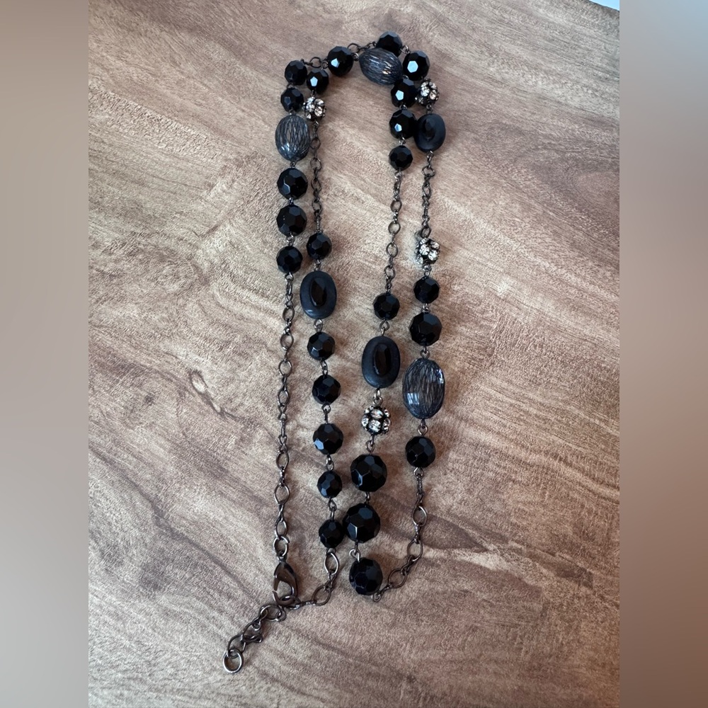 Long Glass Multi-Sized faceted Black Beaded Costume Fashion Necklace